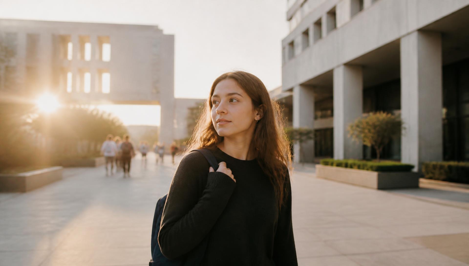 Student loopt over een campus in het gouden avondlicht